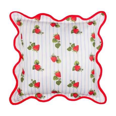 Square scatter cushion in blue striped polyester with a scattered strawberry print and a red scalloped wiggle-edge trim, shown on a plain white background.