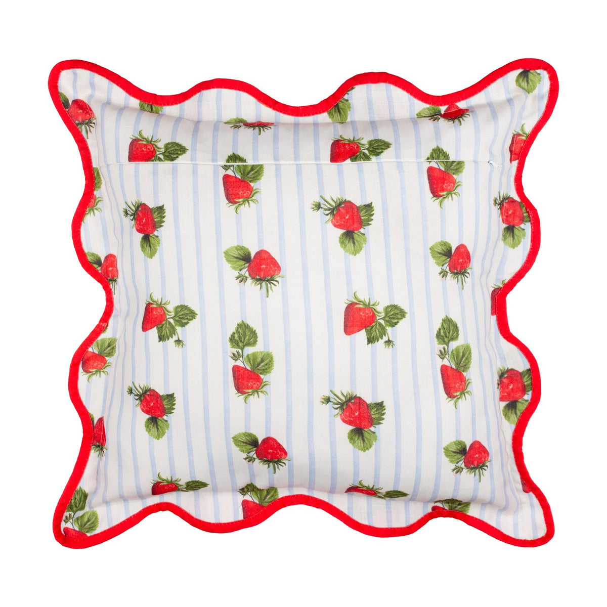 Square scatter cushion in white and blue striped polyester with a scattered strawberry print, finished with a red scalloped wiggle-edge trim, shown on a plain background.