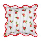 Square scatter cushion in white and blue striped polyester with a scattered strawberry print, finished with a red scalloped wiggle-edge trim, shown on a plain background.