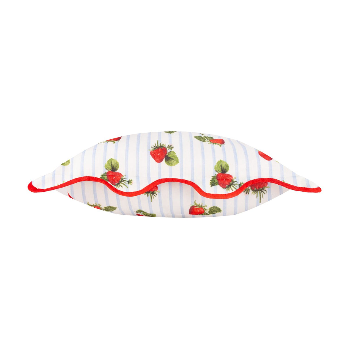 Fruits Striped Polyester Cushion in blue, shown edge-on with a scalloped red piped border, strawberry print on fine blue stripe fabric, plain white background.
