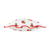 Fruits Striped Polyester Cushion in blue, shown edge-on with a scalloped red piped border, strawberry print on fine blue stripe fabric, plain white background.