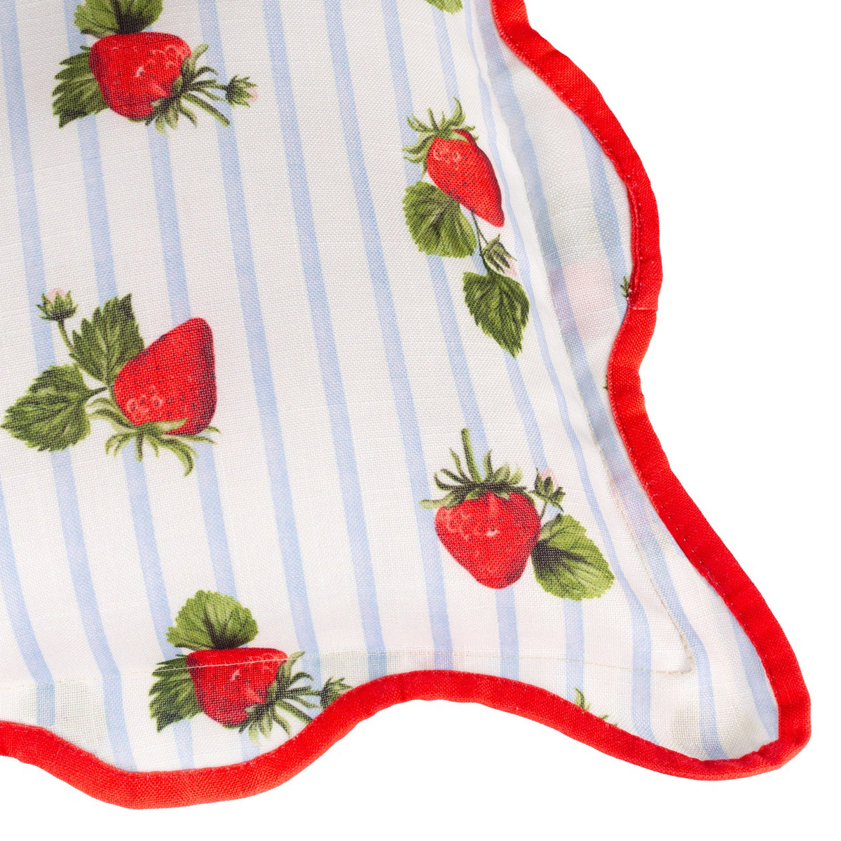 Close-up of the Fruits Striped Polyester Cushion in blue, showing a strawberry print on fine blue-and-white stripes with a red scalloped piped edge.