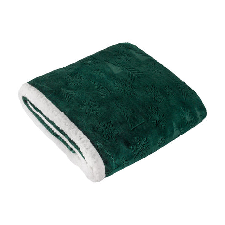 Folded emerald green throw with embossed woodland tree and snowflake pattern on a soft fleece front and white sherpa reverse, shown on a plain white background.