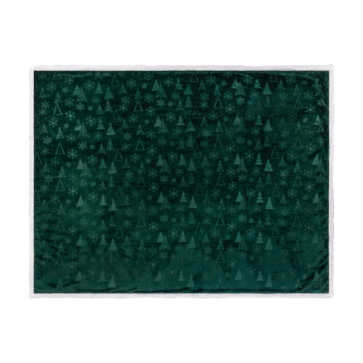 Festive Time Sherpa Woodland Polyester Throw in emerald green, featuring an embossed tonal pattern of trees and snowflakes with a white trimmed edge, shown against a plain background.