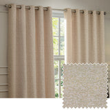 Galaxy fully lined eyelet curtains in blush chenille, hung on a metal rod by a window, with a fabric swatch showing the flecked cream and gold-threaded texture.