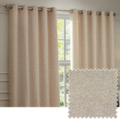 Galaxy fully lined eyelet curtains in blush chenille, hung on a metal rod by a window, with a fabric swatch showing the flecked cream and gold-threaded texture.