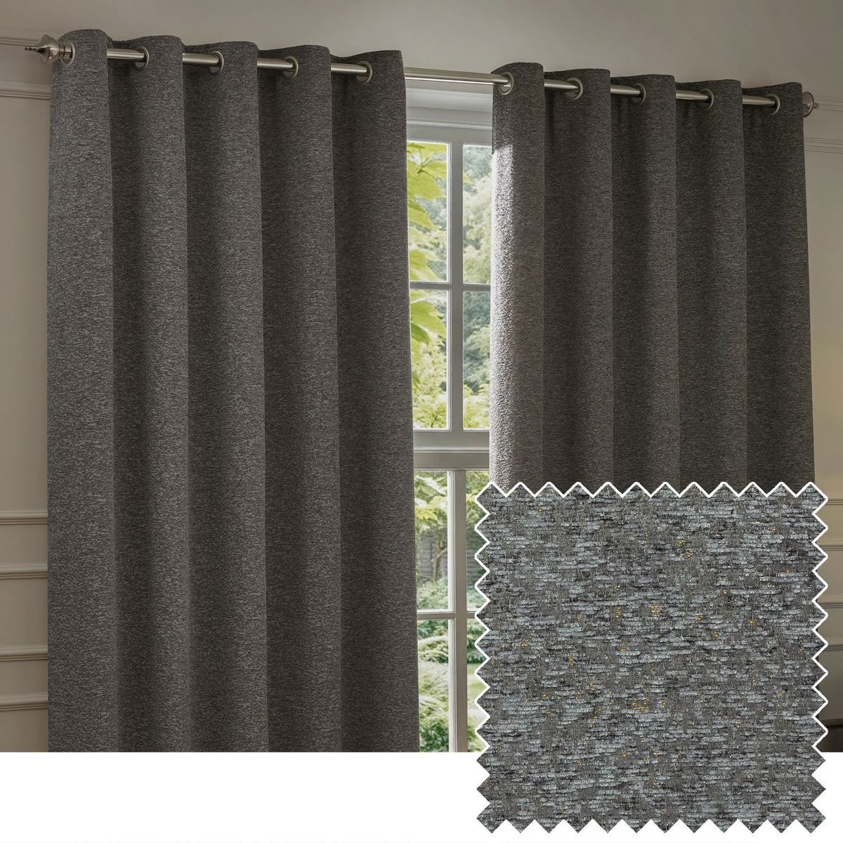 Galaxy Chenille fully lined eyelet curtains in charcoal, shown hanging on a metal pole beside a window in a living room, with a textured swatch inset showing flecked grey-black fabric.