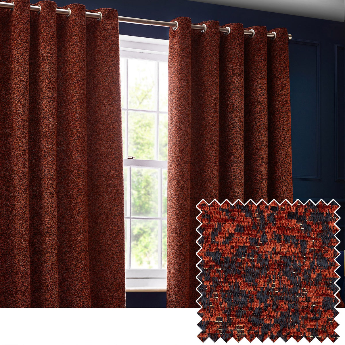 Galaxy Chenille Fully Lined Eyelet Curtains in copper, hung floor-length by a window, showing a textured rust-and-charcoal chenille weave with brushed metal eyelets, with a fabric swatch inset.