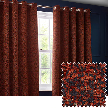 Galaxy Chenille Fully Lined Eyelet Curtains in copper, hung floor-length by a window, showing a textured rust-and-charcoal chenille weave with brushed metal eyelets, with a fabric swatch inset.