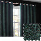 Galaxy Chenille Fully Lined Eyelet Curtains in Emerald, textured green fabric with fine golden flecks, shown hanging from a rod beside a window in a dark-walled room, with a fabric swatch inset.