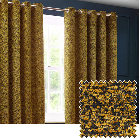 Galaxy fully lined eyelet curtains in gold chenille with a mottled dark and golden texture, hung on a pole beside a window in a dark blue-panelled room, with a fabric swatch inset.
