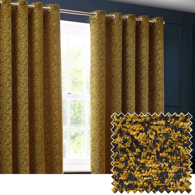 Galaxy fully lined eyelet curtains in gold chenille with a mottled dark and golden texture, hung on a pole beside a window in a dark blue-panelled room, with a fabric swatch inset.