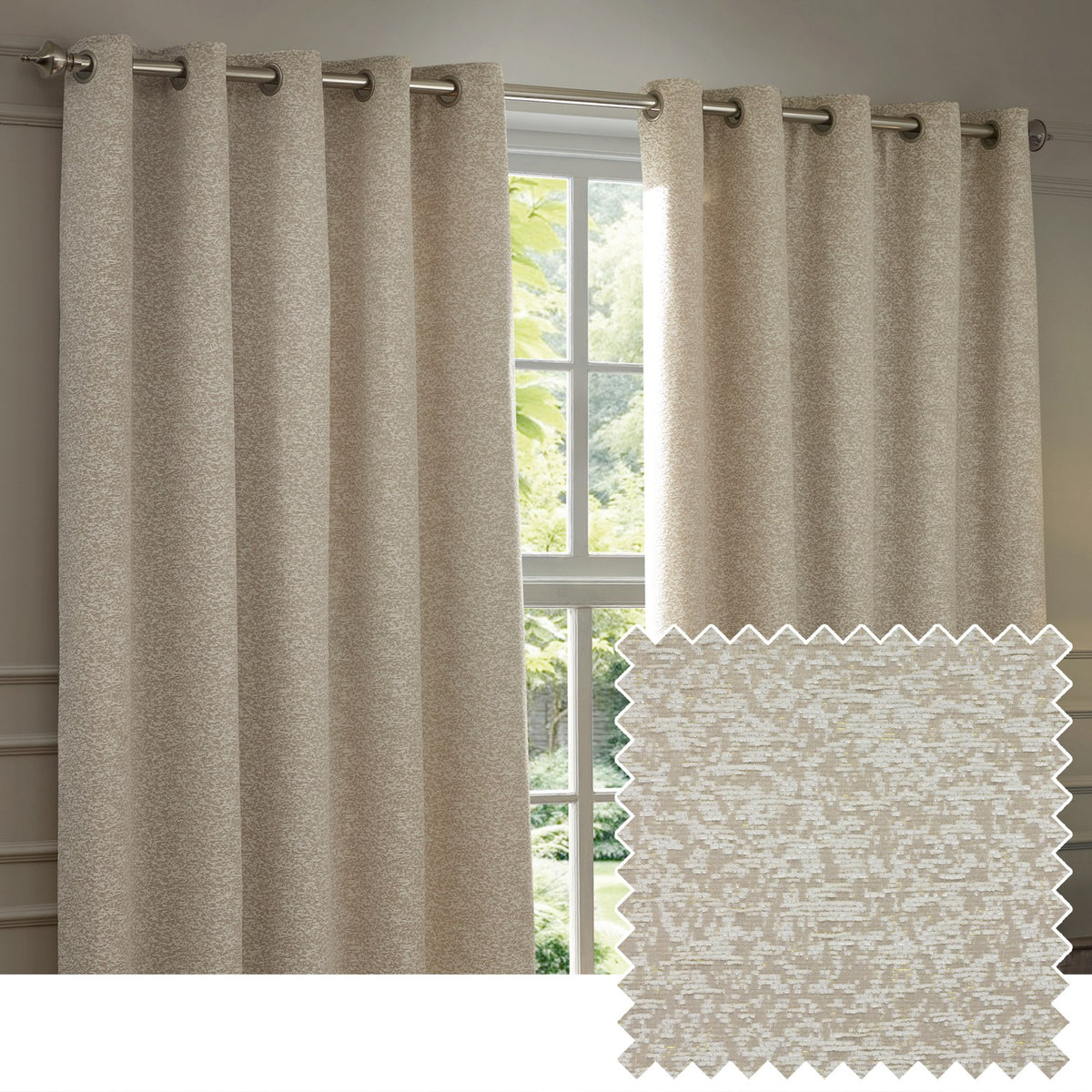Ivory chenille eyelet curtains hanging at a bay window, with a fabric swatch inset showing the fleck-textured weave.