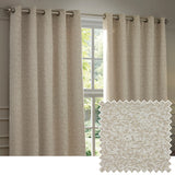 Ivory chenille eyelet curtains hanging at a bay window, with a fabric swatch inset showing the fleck-textured weave.