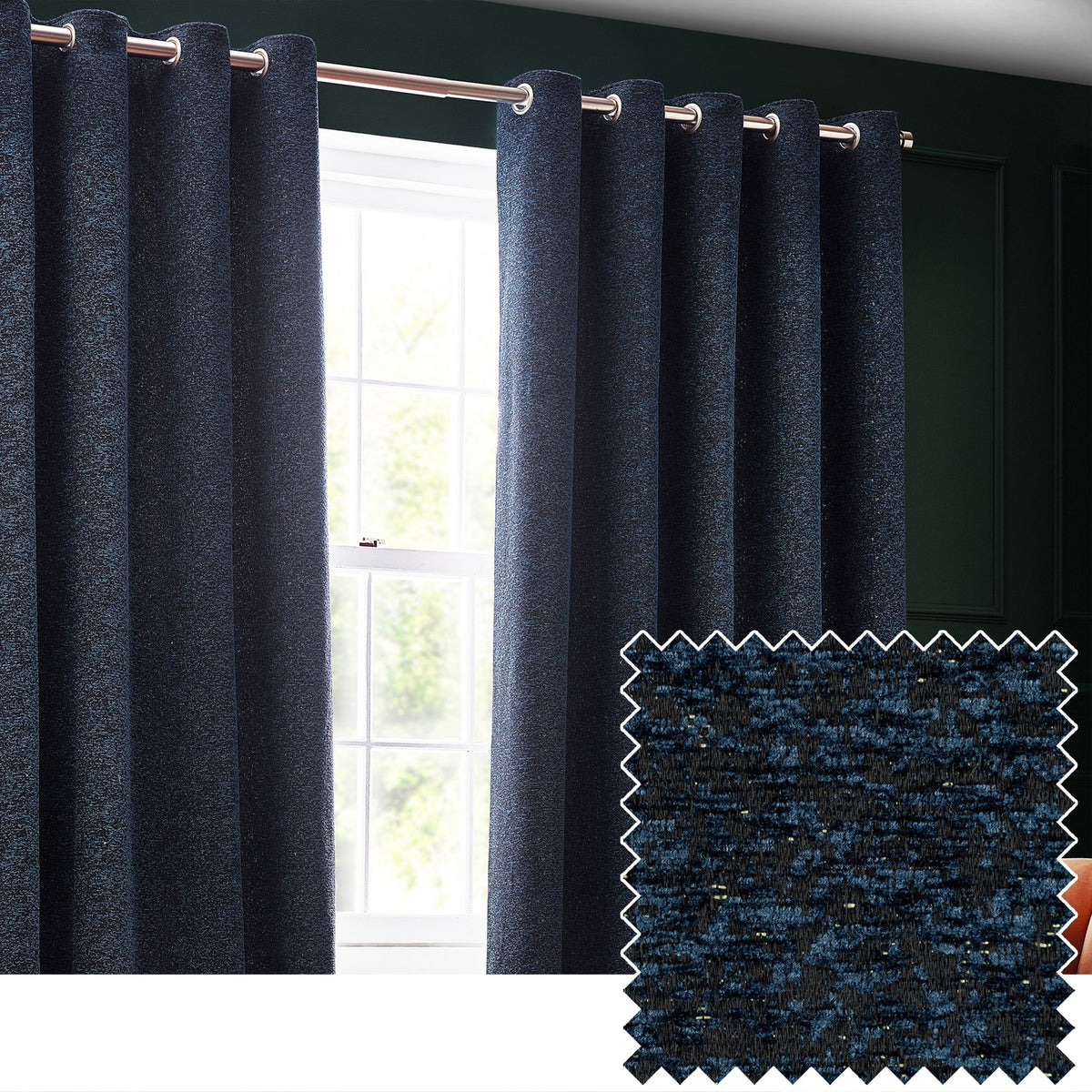 Galaxy Chenille Fully Lined Eyelet Curtains in Navy hung on a rod by a window, with a mottled chenille fabric swatch showing fine gold flecks inset below.
