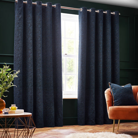 Galaxy Chenille Fully Lined Eyelet Curtains - Navy