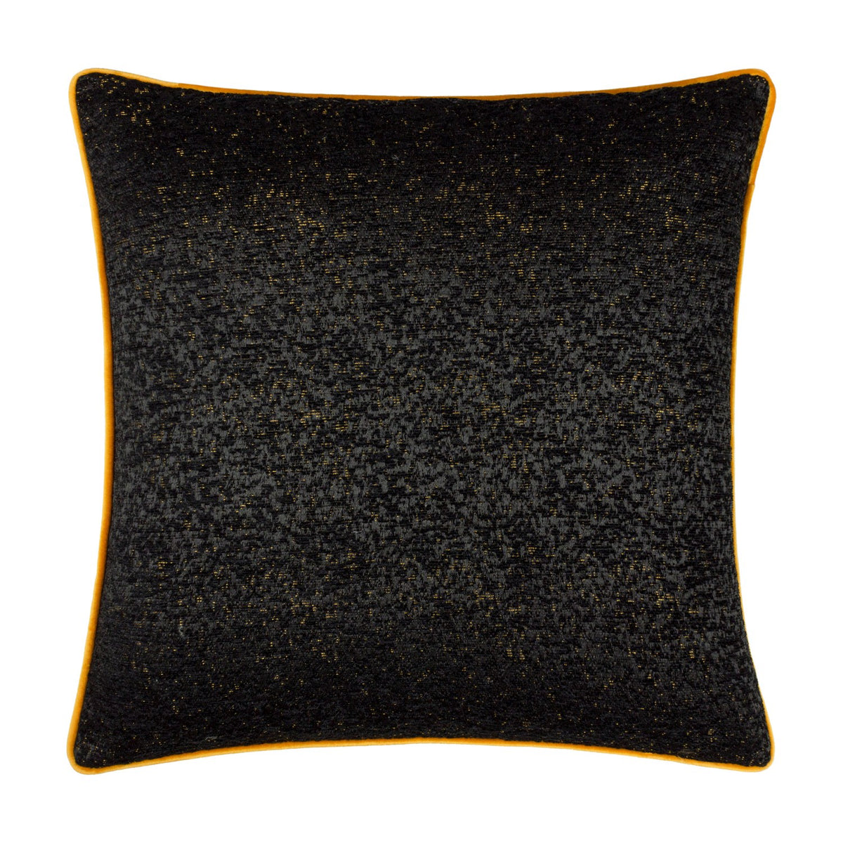 Galaxy Eyelet Chenille Cushion in black, square with textured chenille fabric flecked with gold threads and a contrasting orange piped edge, shown on a plain white background.