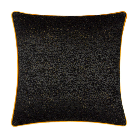 Galaxy Eyelet Chenille Cushion in black, square with textured chenille fabric flecked with gold threads and a contrasting orange piped edge, shown on a plain white background.