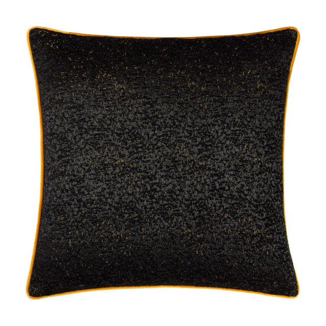 Galaxy Eyelet Chenille Cushion in black, square with textured chenille fabric flecked with gold threads and a contrasting orange piped edge, shown on a plain white background.