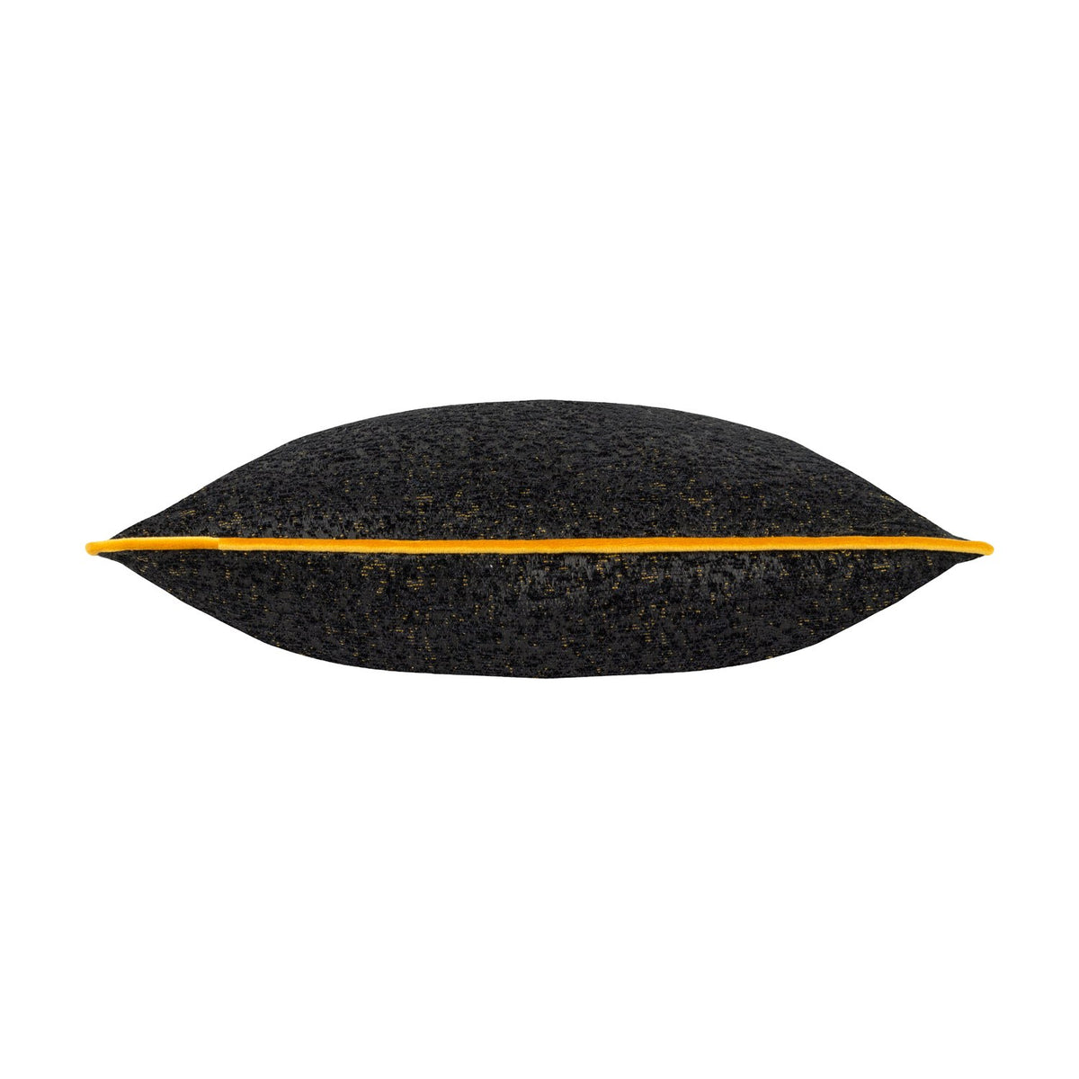 Side view of the Galaxy Eyelet Chenille Cushion in black, showing gold-flecked textured fabric with a contrasting yellow piped edge, on a plain white background.