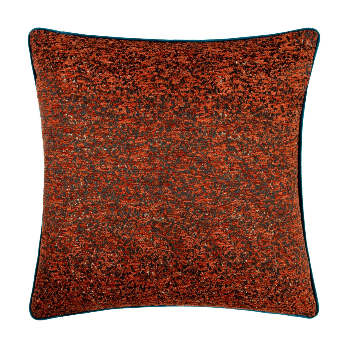 Square Galaxy Eyelet Chenille Cushion in copper, featuring a mottled dark and rust-orange chenille face with a teal piped edge, shown on a plain white background.