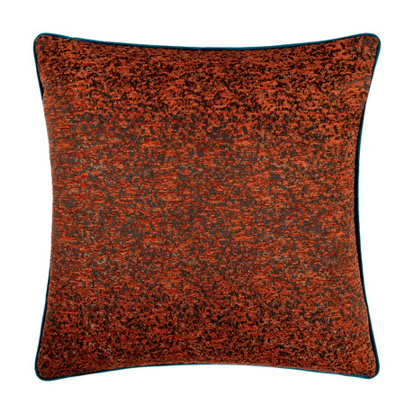 Square Galaxy Eyelet Chenille Cushion in copper, featuring a mottled dark and rust-orange chenille face with a teal piped edge, shown on a plain white background.