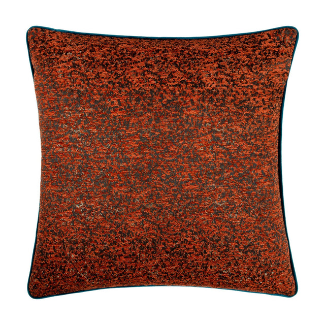 Square Galaxy Eyelet Chenille Cushion in copper, featuring a mottled dark and rust-orange chenille face with a teal piped edge, shown on a plain white background.