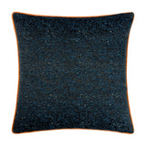 Galaxy Eyelet Chenille Cushion in navy, a square design with speckled gold-flecked chenille fabric and contrasting orange piped edging, shown on a plain white background.