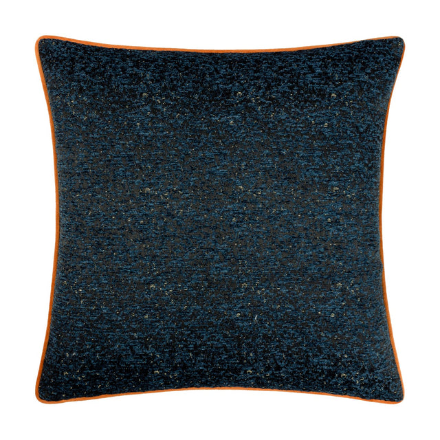 Galaxy Eyelet Chenille Cushion in navy, a square design with speckled gold-flecked chenille fabric and contrasting orange piped edging, shown on a plain white background.
