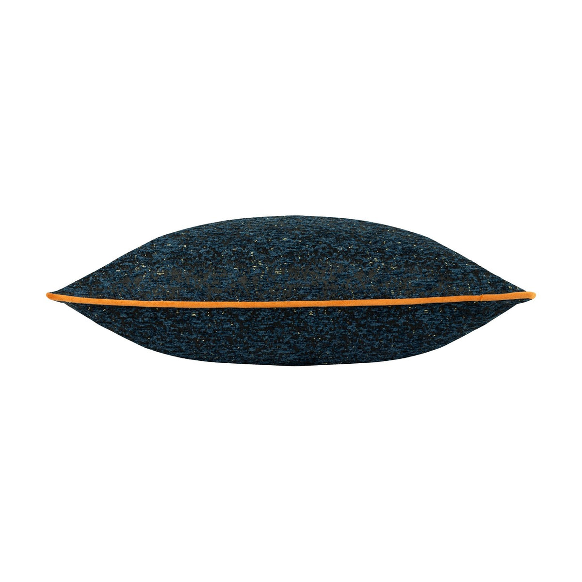 Side view of the Galaxy Eyelet Chenille Cushion in navy, showing textured chenille fabric with gold flecks and an orange piped edge, on a white background.