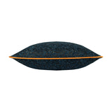 Side view of the Galaxy Eyelet Chenille Cushion in navy, showing textured chenille fabric with gold flecks and an orange piped edge, on a white background.