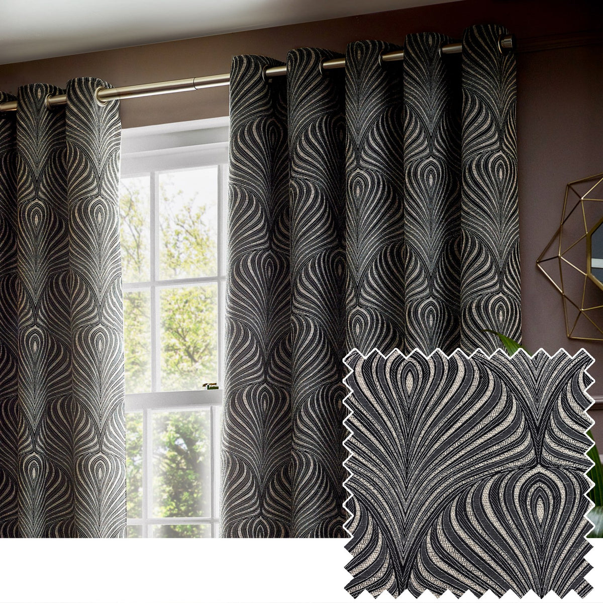 Gatsby Jacquard Lined Eyelet Curtains in black, hung on a gold pole by a window, showing a feathered Art Deco pattern in champagne and gold tones, with a matching fabric swatch shown alongside.
