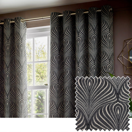 Gatsby Jacquard Lined Eyelet Curtains in black, hung on a gold pole by a window, showing a feathered Art Deco pattern in champagne and gold tones, with a matching fabric swatch shown alongside.