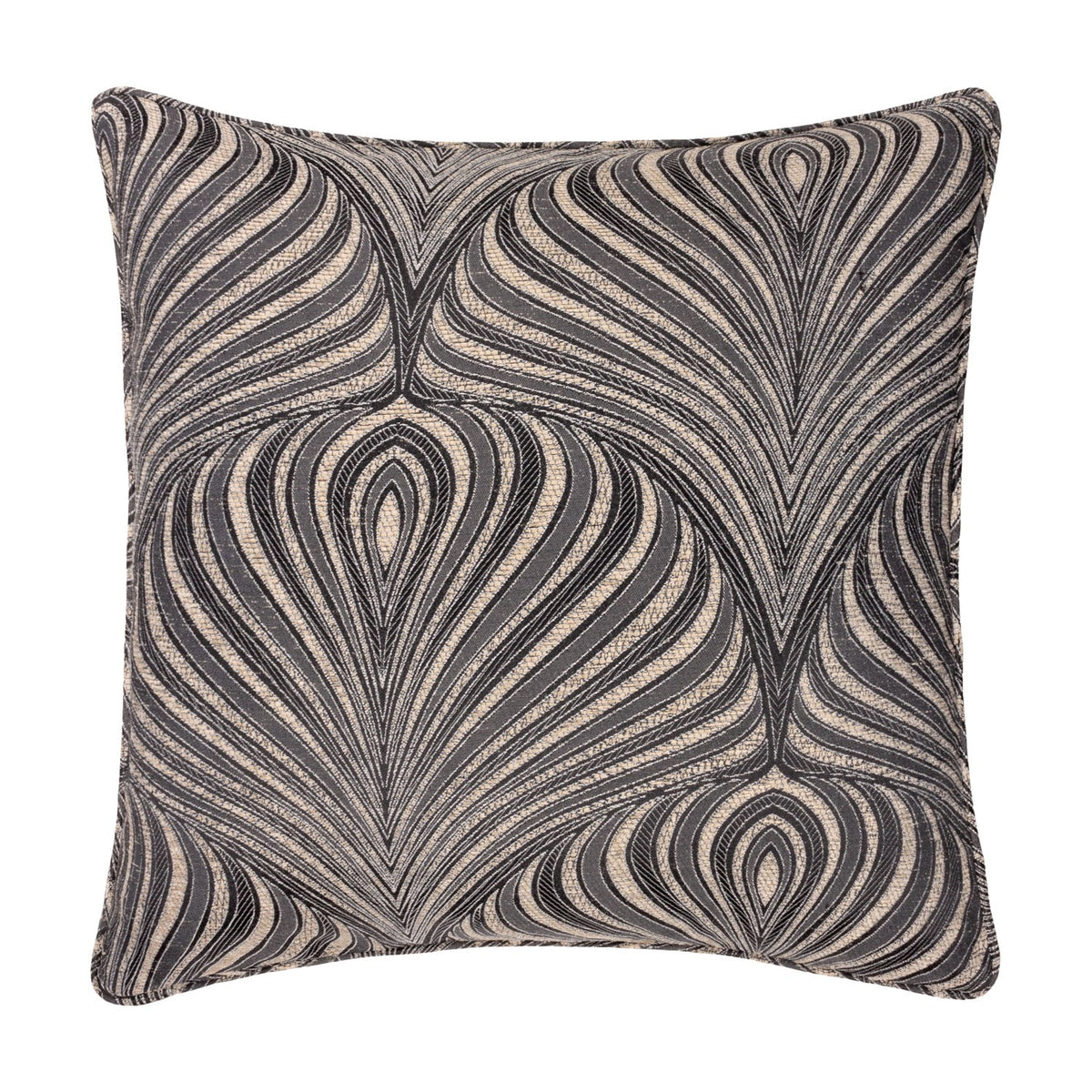Gatsby Eyelet Polyester Cushion in black with a woven Art Nouveau teardrop pattern in natural tone, square 55 x 55cm design on a plain white background.