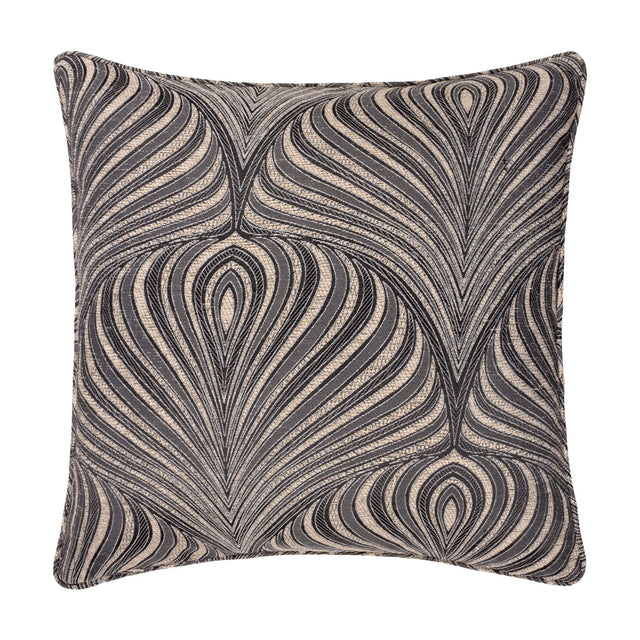 Gatsby Eyelet Polyester Cushion in black with a woven Art Nouveau teardrop pattern in natural tone, square 55 x 55cm design on a plain white background.