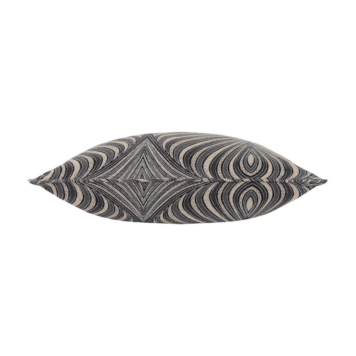 Side view of the Gatsby Eyelet Polyester Cushion in black, showing its plump square shape with a woven Art Nouveau feather pattern in natural tones, set against a plain white background.