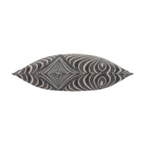 Side view of the Gatsby Eyelet Polyester Cushion in black, showing its plump square shape with a woven Art Nouveau feather pattern in natural tones, set against a plain white background.