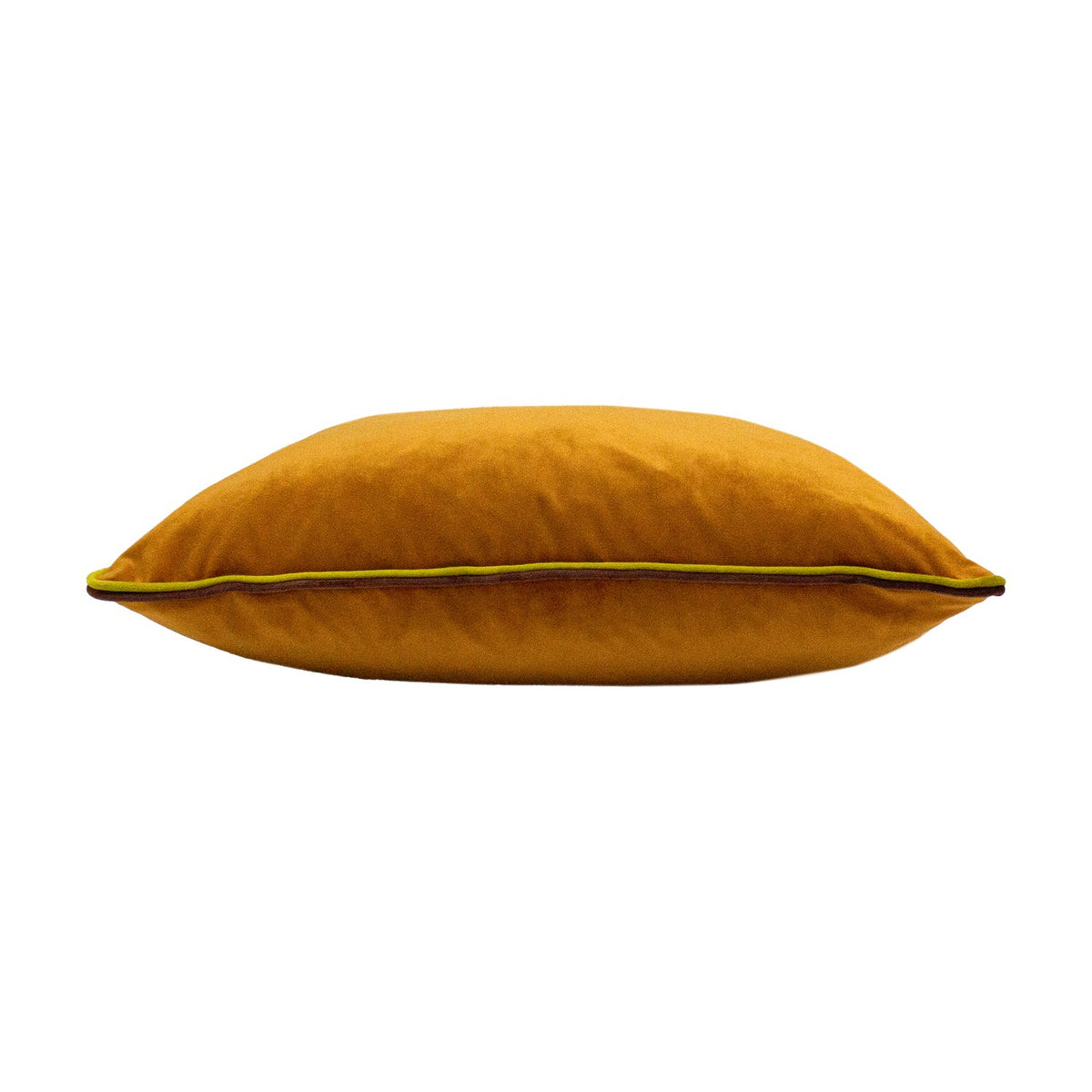 Gemini Reversible Velvet Cushion in pumpkin orange, shown side-on with contrasting plum and lime double piping trim along the seam, against a plain white background.
