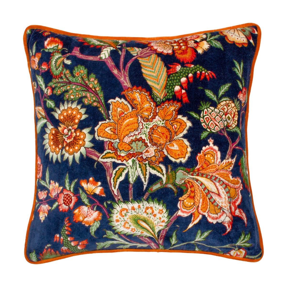 Square Georgia Velvet Cotton Cushion in Royal Blue with orange piped edge, featuring an orange, russet and green botanical floral print on deep blue cotton velvet.