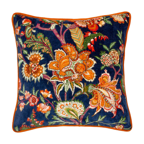 Square Georgia Velvet Cotton Cushion in Royal Blue with orange piped edge, featuring an orange, russet and green botanical floral print on deep blue cotton velvet.