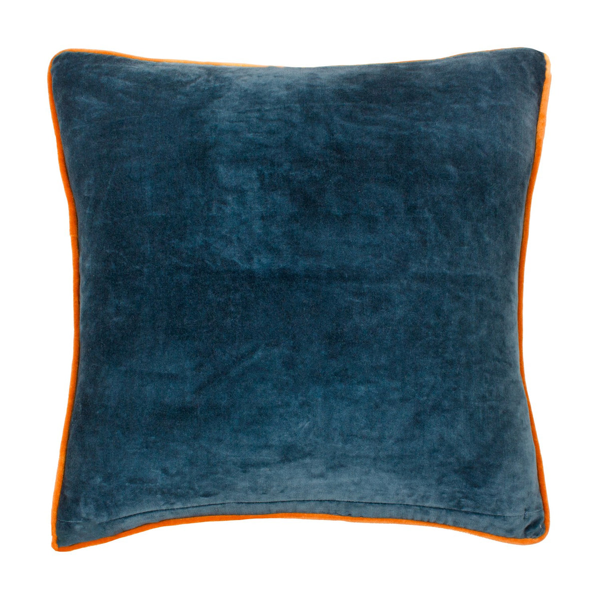Georgia Velvet Cotton Cushion in royal blue, plain velvet reverse with contrast orange piped edge, shown against a plain white background.