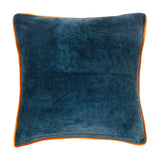 Georgia Velvet Cotton Cushion in royal blue, plain velvet reverse with contrast orange piped edge, shown against a plain white background.