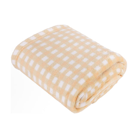 Folded polyester fleece throw in a pale yellow and white gingham check pattern, shown against a plain white background.