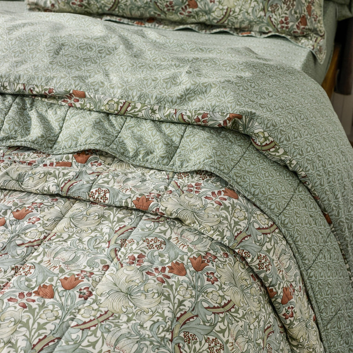 Golden Lily Percale Cotton Bedspread - Herbal Green