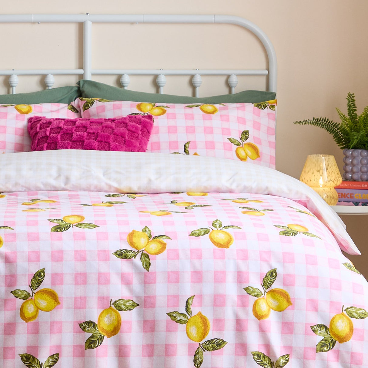Gingham Lemons Reversible Check Duvet Cover Set - Pink