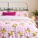 Gingham Lemons Reversible Check Duvet Cover Set - Pink