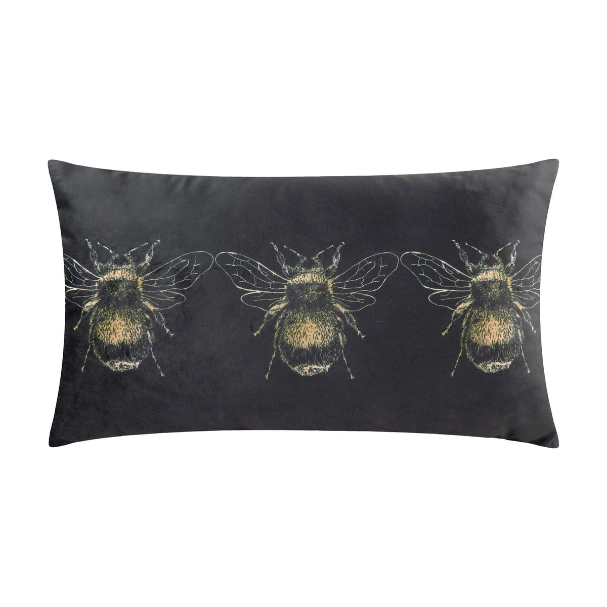 Rectangular black velvet bolster cushion printed with a row of three gold bee designs, shown against a plain white background.