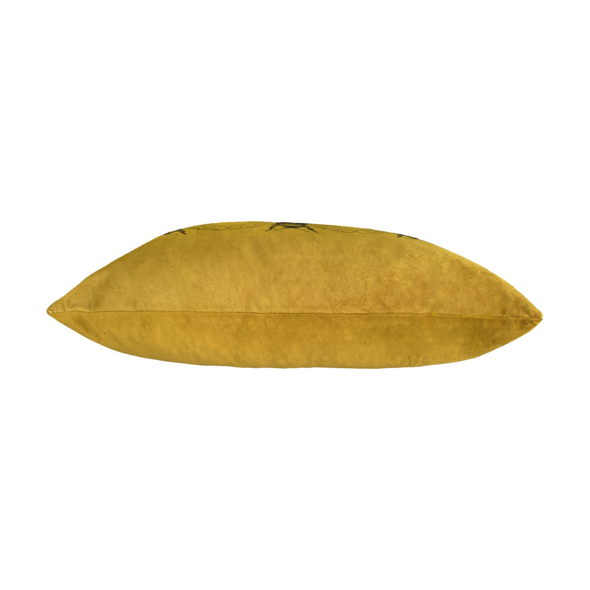 Side view of the Gold Bee Animal Velvet Cushion, a rectangular gold faux-velvet lumbar cushion with faint bee motifs visible along the top edge, shown on a plain white background.
