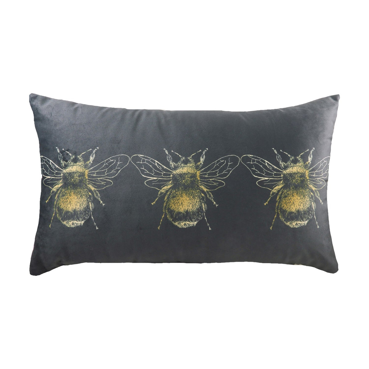 Rectangular grey velvet-effect cushion with three gold printed bee motifs in a row across the front, plain grey reverse, shown on a white background.