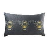 Rectangular grey velvet-effect cushion with three gold printed bee motifs in a row across the front, plain grey reverse, shown on a white background.